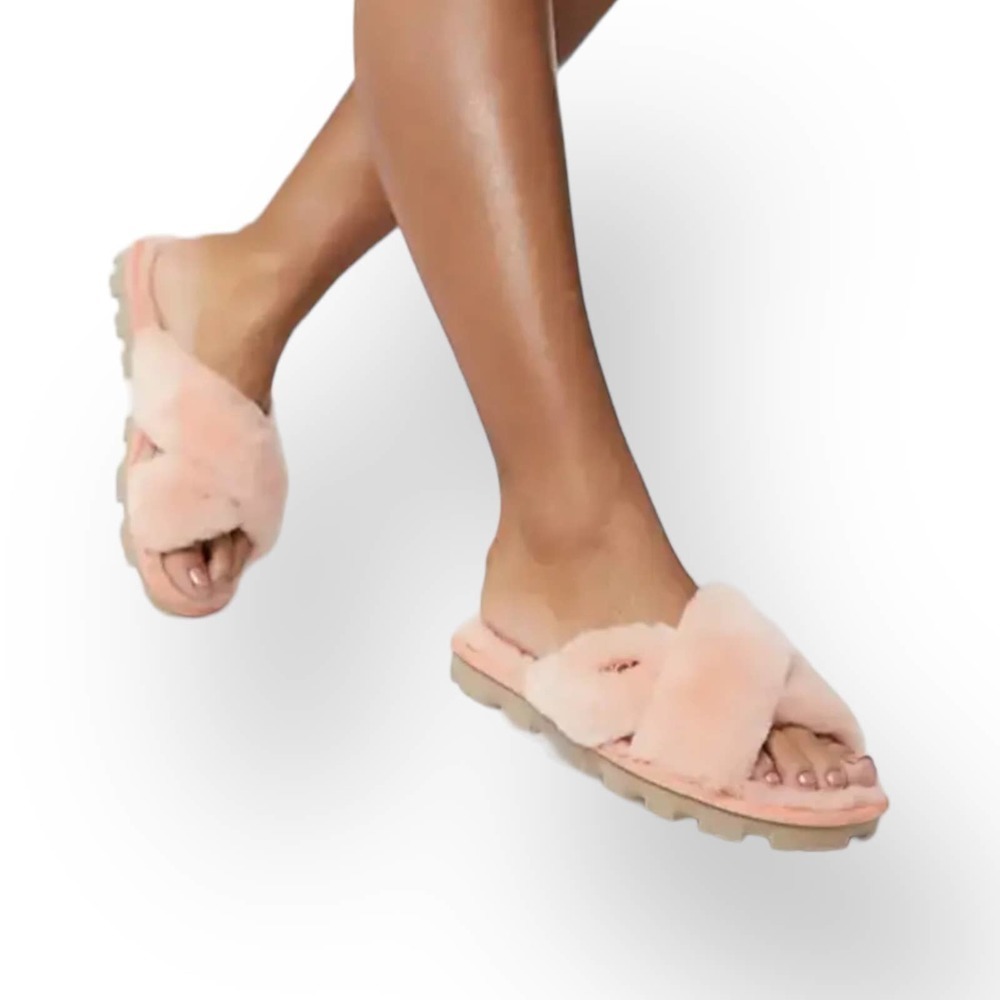 Ugg Fuzzette Beverly Pink Criss Cross Strap Fur Slippers Size 5 - Picture 7 of 12